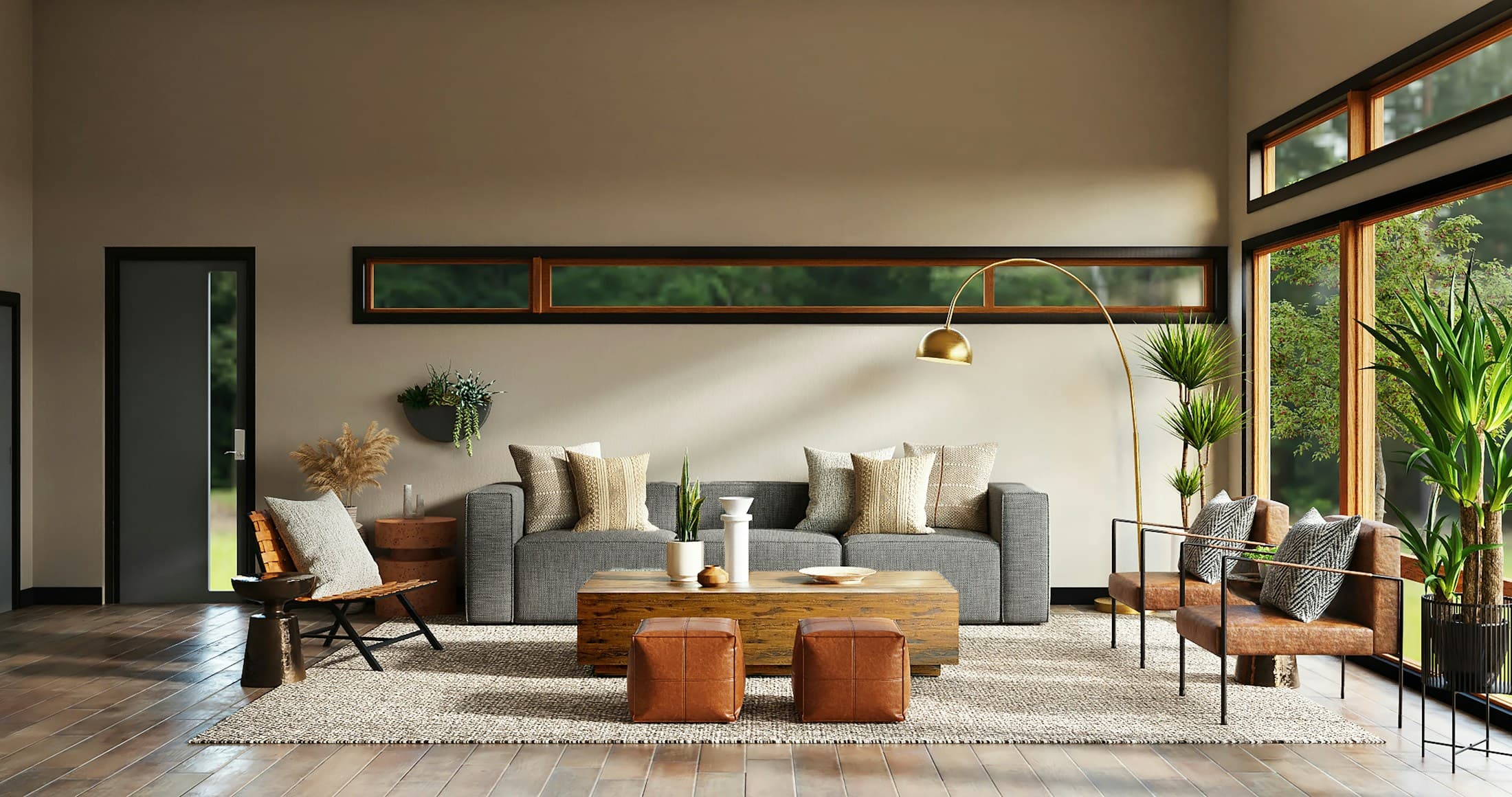 Bright contemporary living room with a linen sectional sofa and warm wood furniture